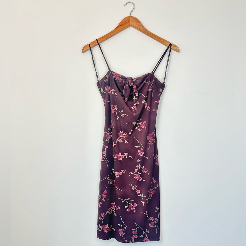 Vintage Y2k Teeze Me Deep Burgundy Dainty Pink Floral Fitted Dress
